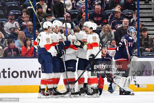 The Florida Panthers celebrate a third period goal during a game against the Columbus Blue Jackets at Nationwide Arena on December 10, 2023 in...
