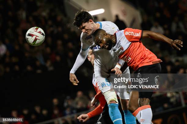 Marseille's Argentine defender Leonardo Balerdi scores a goal during the French L1 football match between FC Lorient and Olympique Marseille at the...