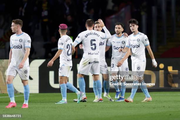 Miguel Gutierrez of Girona FC celebrates 1-2 with teammates during the LaLiga EA Sports match between FC Barcelona v Girona at the Lluis Companys...