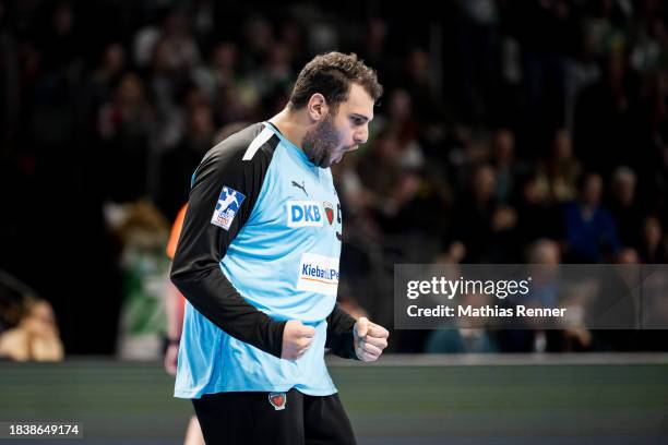 Dejan Milosavljev of the Fuechse Berlin celebrates during the Liqui Moly Handball Bundesliga match between Fuechse Berlin and Frisch Auf! Goeppingen...