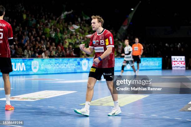 Mathias Gidsel of the Fuechse Berlin celebrates during the Liqui Moly Handball Bundesliga match between Fuechse Berlin and Frisch Auf! Goeppingen on...