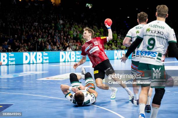 Mathias Gidsel of the Fuechse Berlin shoots during the Liqui Moly Handball Bundesliga match between Fuechse Berlin and Frisch Auf! Goeppingen on...