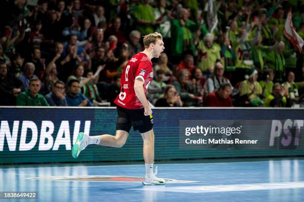 Mathias Gidsel of the Fuechse Berlin celebrates during the Liqui Moly Handball Bundesliga match between Fuechse Berlin and Frisch Auf! Goeppingen on...