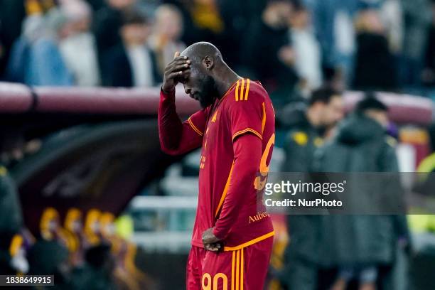 Romelu Lukaku of AS Roma looks dejected leaving the pitch after he received a red card during the Serie A match between AS Roma and ACF Fiorentina at...