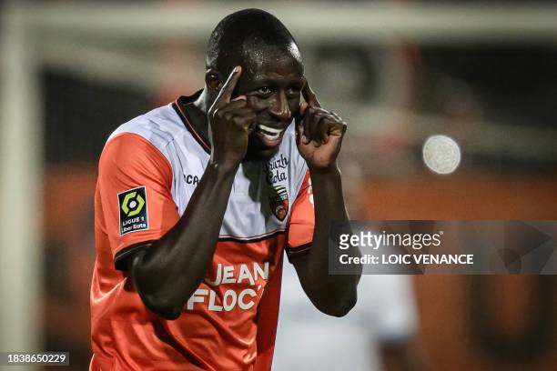 Lorient's French defender Benjamin Mendy celebrates after scoring a goal during the French L1 football match between FC Lorient and Olympique de...