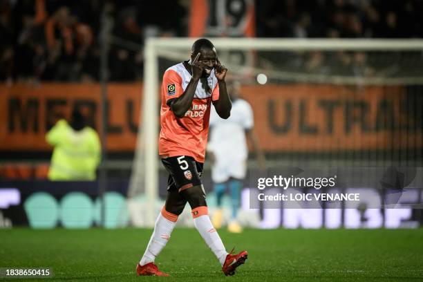 Lorient's French defender Benjamin Mendy celebrates after scoring a goal during the French L1 football match between FC Lorient and Olympique de...