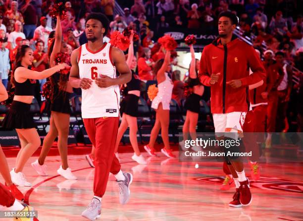 Los Angeles, CA USC Trojans guard Bronny James runs on to the court during player introductions before the game against the Long Beach State 49ers at...