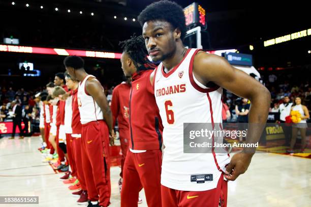 Los Angeles, CA USC Trojans guard Bronny James stands for the national anthem before the game against the Long Beach State 49ers at Galen Center in...