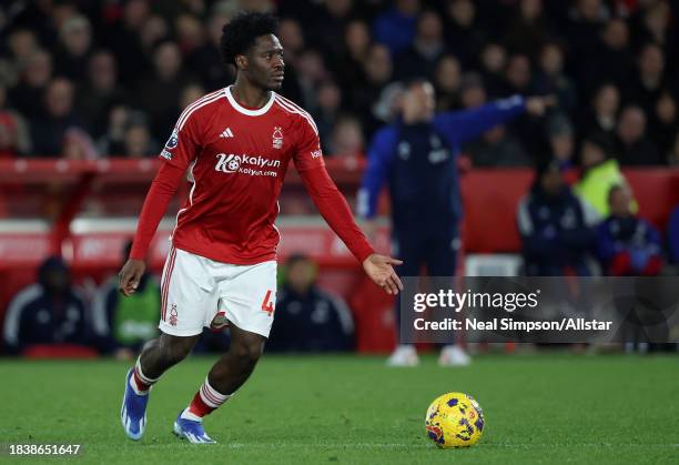 Ola Aina of Nottingham Forest on the ball during the Premier League match between Nottingham Forest and Brighton & Hove Albion at City Ground on...