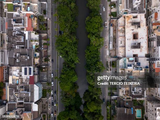 Aerial view of the Canal das Taxas, a caiman habitat, at the Recreio dos Bandeirantes neighborhood in west Rio de Janeiro, Brazil, taken on November...