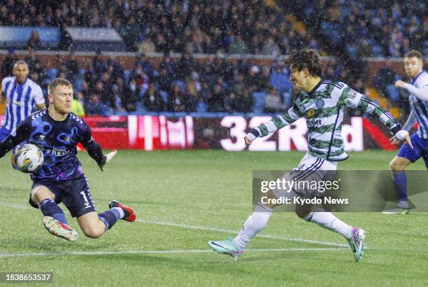 Celtic's Kyogo Furuhashi shoots in the second half of a Scottish Premiership football match against Kilmarnock in Kilmarnock, Scotland, on Dec. 10,...