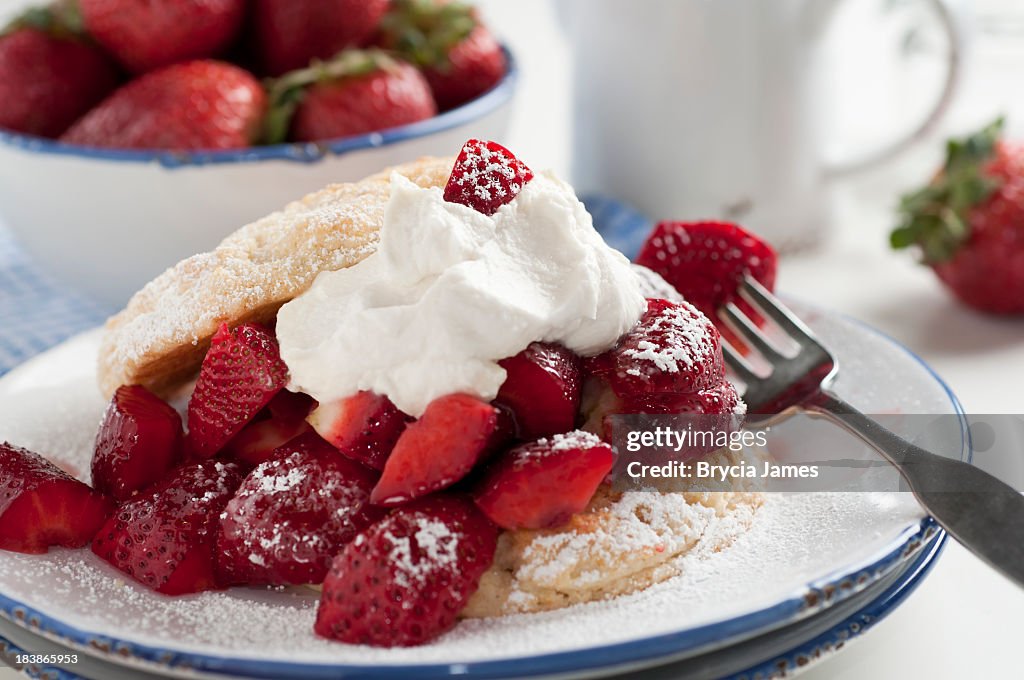 Homemade strawberry shortcake with powdered sugar