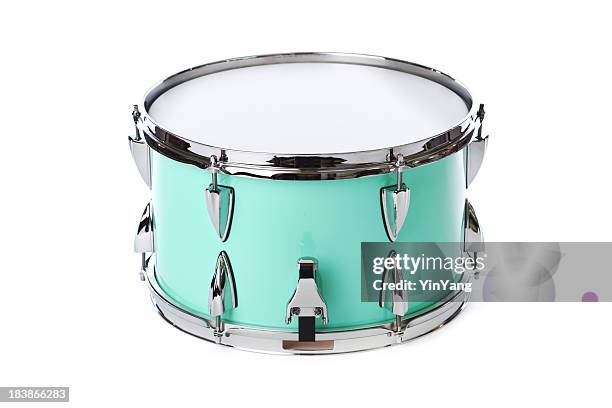 green, chrome snare drum, percussion musical instrument, isolated on white - drums white background stock pictures, royalty-free photos & images