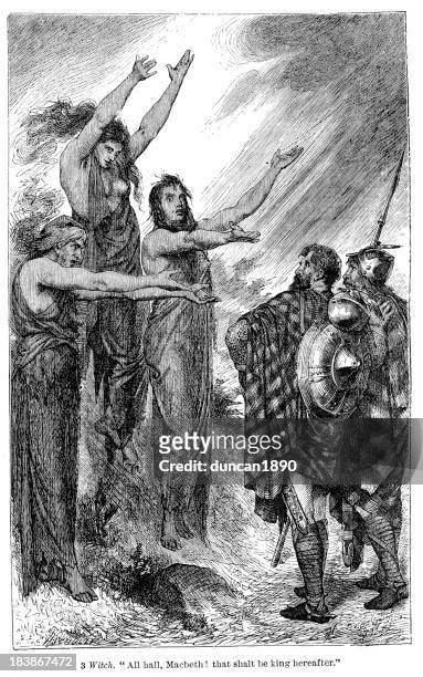 macbeth - all hail that shalt be king hereafter - macbeth fictional character stock illustrations