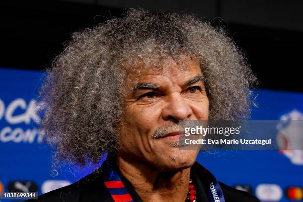 Colombian former player Carlos 'Pibe' Valderrama speaks to the media prior the official draw of CONMEBOL Copa America 2024 at James L. Knight Center...