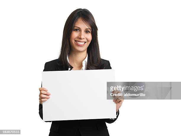 beautiful businesswoman holding a blank sign - placard stock pictures, royalty-free photos & images