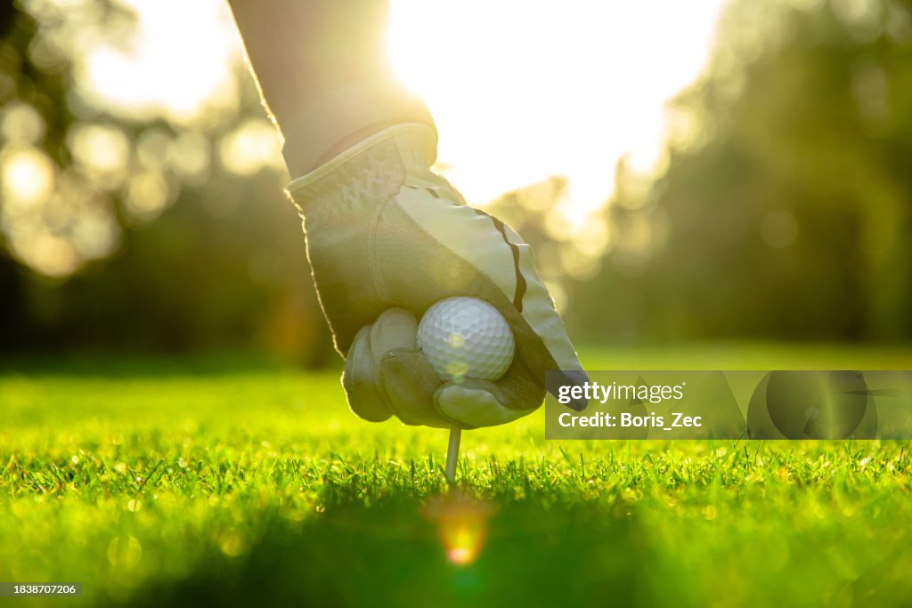 Close-up of a male golfer setting up the ball for a swing - Stock Photo