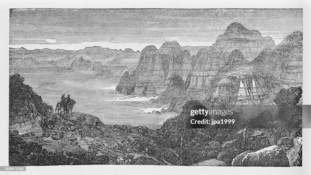 19th century illustration of badlands mountains