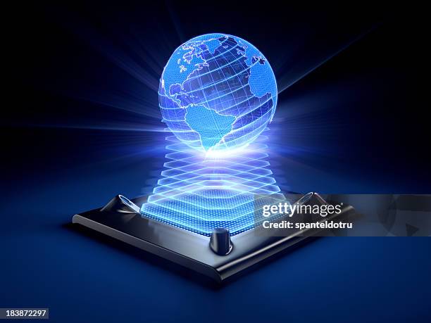 hologram of the globe projected by a desktop device - hologram projection stock pictures, royalty-free photos & images