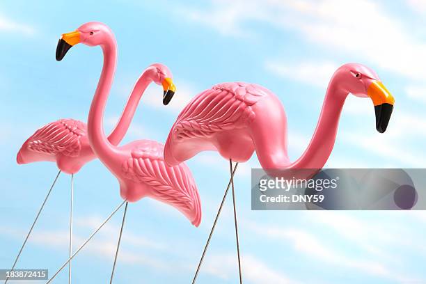 drei rosa flamingos kunststoff rasen mit blauer himmel hintergrund - flamingos stock-fotos und bilder