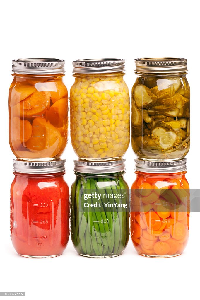 Canned Food, Glass Jar Containers of Preserved, Pickled Canning Vegetables