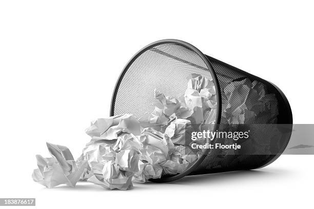 office: wastepaper basket tumbled - crumpled paper pile stock pictures, royalty-free photos & images