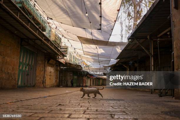 Picture shows shuttered shops during a general strike in solidarity with Gaza, in the occupied West Bank city of Hebron, on December 11 amid...