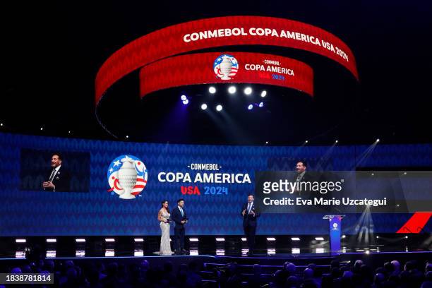 Alejandro Dominguez, President of CONMEBOL, speaks during the official draw of CONMEBOL Copa America 2024 at James L. Knight Center on December 07,...