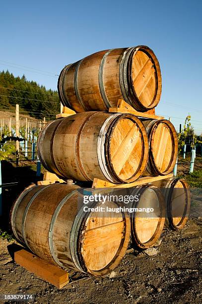 oak wine barrel - okanagan vineyard stockfoto's en -beelden