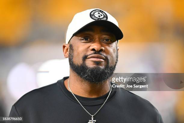 Pittsburgh Steelers head coach Mike Tomlin looks on before the game against the New England Patriots at Acrisure Stadium on December 07, 2023 in...