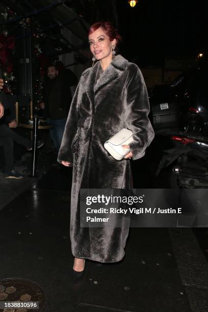 Lily Allen seen attending Giorgio Armani Crossroads dinner at Isabel on December 07, 2023 in London, England.