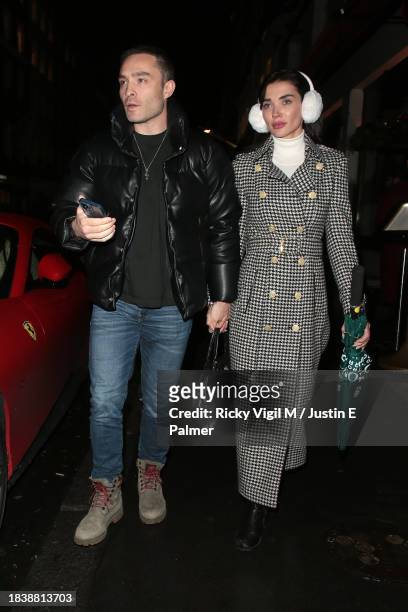Ed Westwick and Amy Jackson seen leaving Isabel restaurant in Mayfair on December 07, 2023 in London, England.
