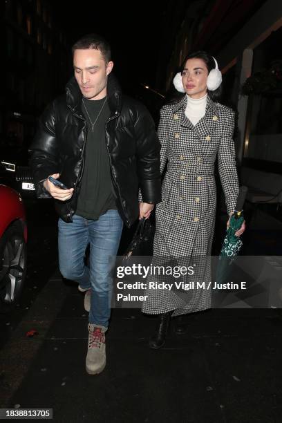 Ed Westwick and Amy Jackson seen leaving Isabel restaurant in Mayfair on December 07, 2023 in London, England.