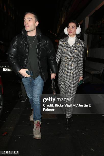 Ed Westwick and Amy Jackson seen leaving Isabel restaurant in Mayfair on December 07, 2023 in London, England.