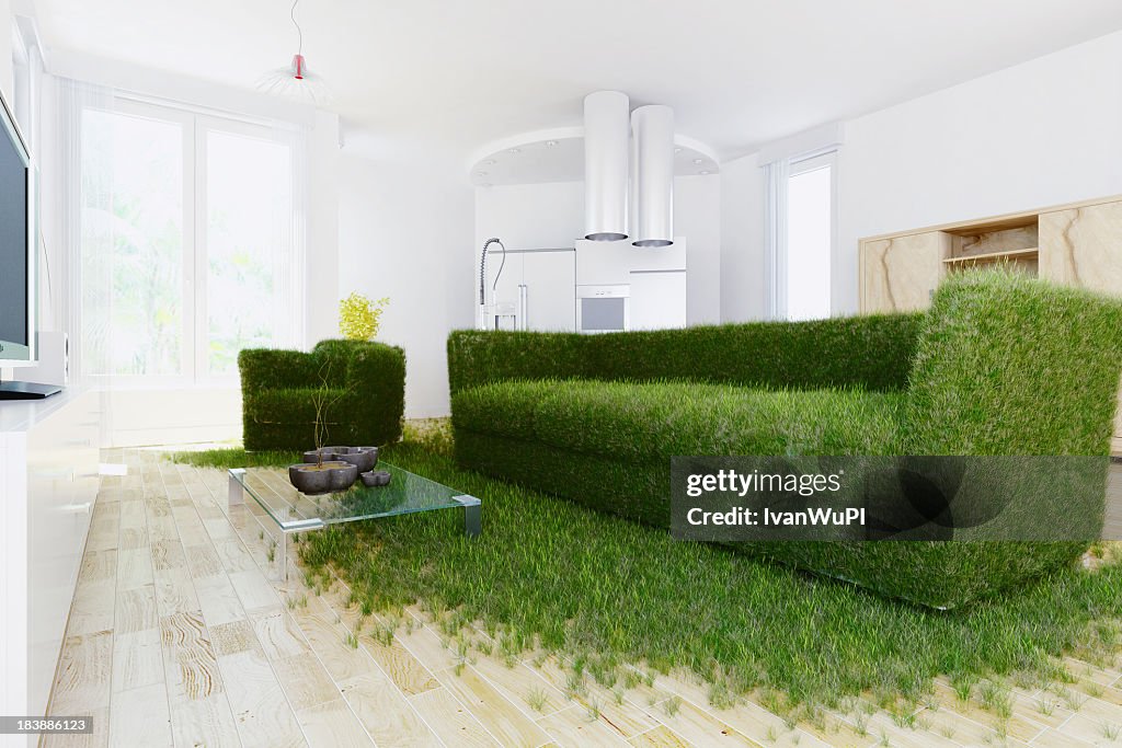 A sofa made of grass in a modern room showing green living