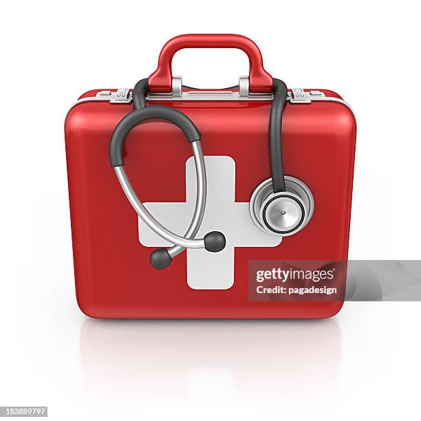 first aid kit with stethoscope - stethoscope white background stock pictures, royalty-free photos & images