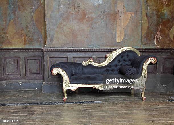 old chaise lounge in old room  - shabby chic stock pictures, royalty-free photos & images