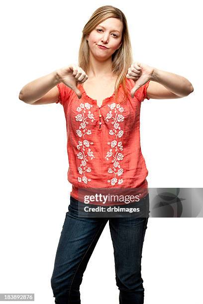 woman with red shirt showing the thumbs down - 輕蔑的 個照片及圖片檔