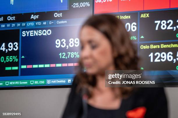 Syensqo CEO Ilham Kadri is pictured at the bell ceremony of the Euronext Brussels Stock Exchange in Brussels, welcoming Syensqo into the Bel20 index,...