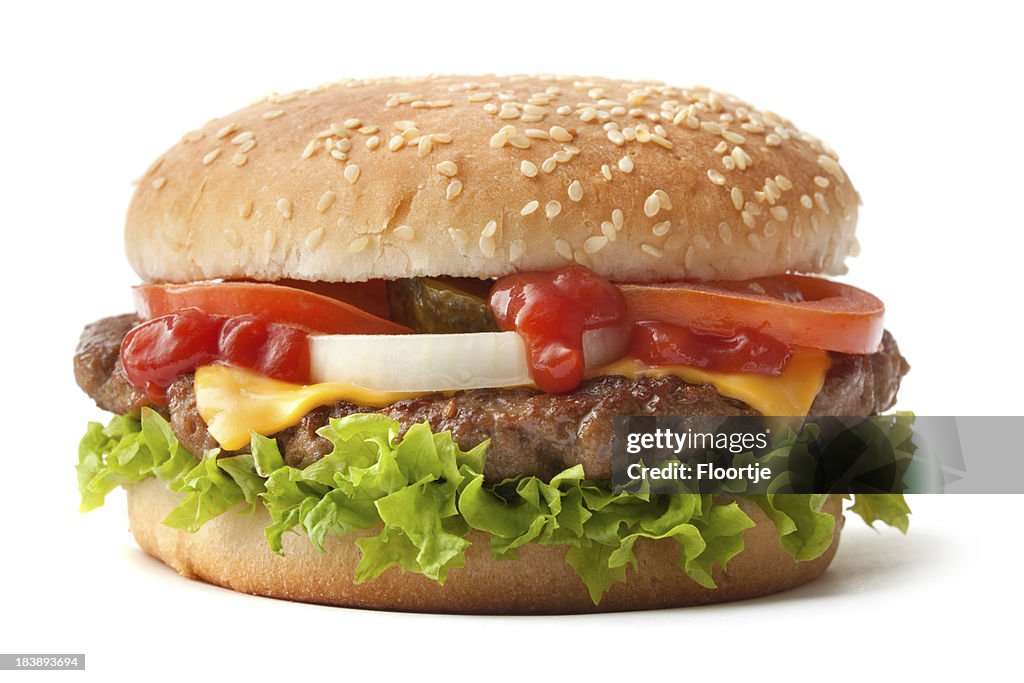 Hamburger on sesame seed bun with fixings