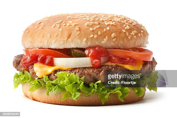 hamburger on sesame seed bun with fixings - burger stock pictures, royalty-free photos & images