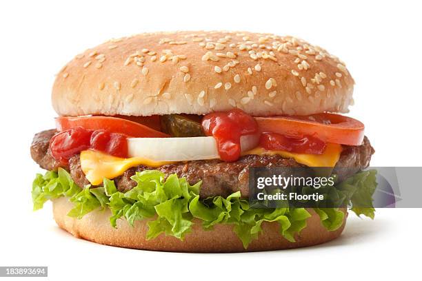 hamburger on sesame seed bun with fixings - burger bildbanksfoton och bilder