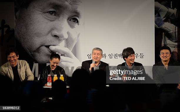 To go with Film-SKorea-Busan-Im,FEATURE by Mathew Scott In this photo taken on October 8 South Korean film director Im Kwon-Taek speaks while South...