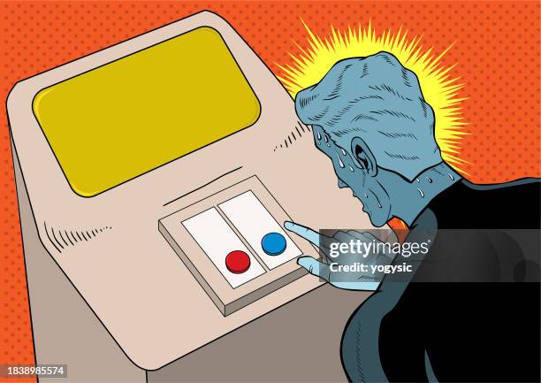 stockillustraties, clipart, cartoons en iconen met vector pop art sweating superhero choosing button meme stock illustration - terrified