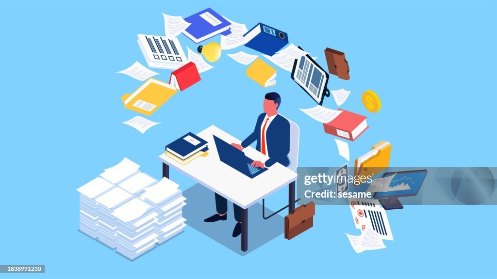Busy working businessman, dealing with work and paperwork, isometric businessman sitting at a desk working hard to complete an overloaded workload