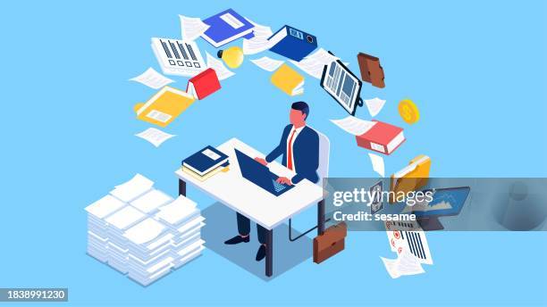 busy working businessman, dealing with work and paperwork, isometric businessman sitting at a desk working hard to complete an overloaded workload - needs improvement stock illustrations