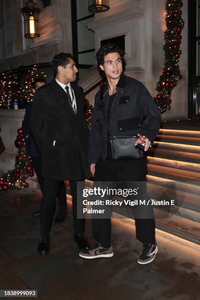 Charles Melton seen arriving at the Corinthia hotel on December 07, 2023 in London, England.