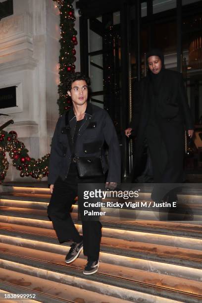 Charles Melton seen arriving at the Corinthia hotel on December 07, 2023 in London, England.
