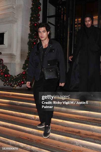 Charles Melton seen arriving at the Corinthia hotel on December 07, 2023 in London, England.