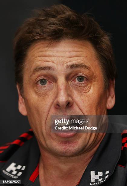 New Bombers coach Mark Thompson speaks to the media during an Essendon Bombers AFL press conference at Windy Hill on October 10, 2013 in Melbourne,...